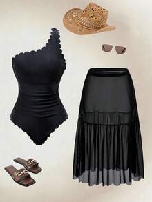 Swim Oasis Women's Black Summer Tropical Beach Vacation Holiday Swimwear,Solid Curved Edge One-Piece Swimsuit With Mesh Smocked Cover-Up Skirt&Straw Hat Set - Multicolor - View 1