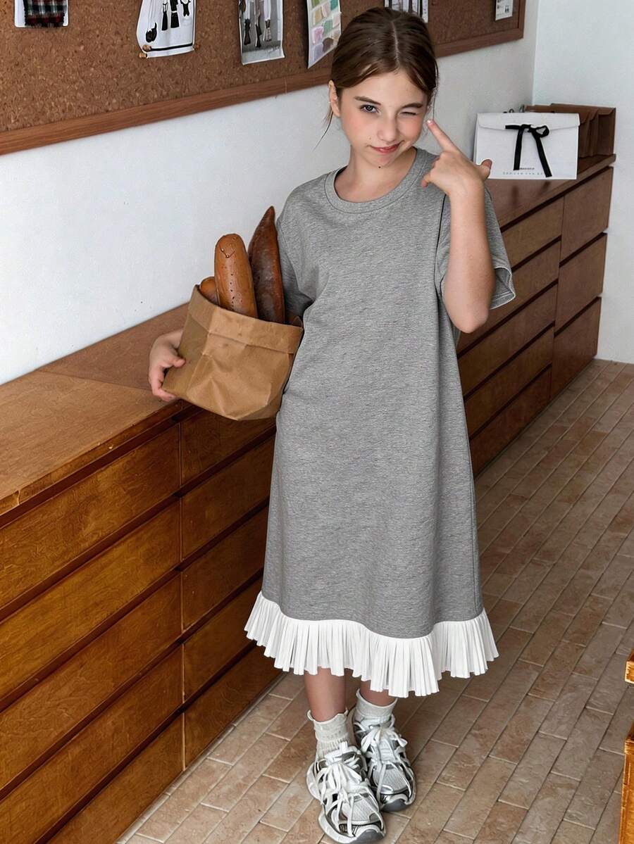 Hapijoa 青少年女孩圓領針織拼接網紗洋裝,夏季陽光連身裙 - 灰色 - 查看 1