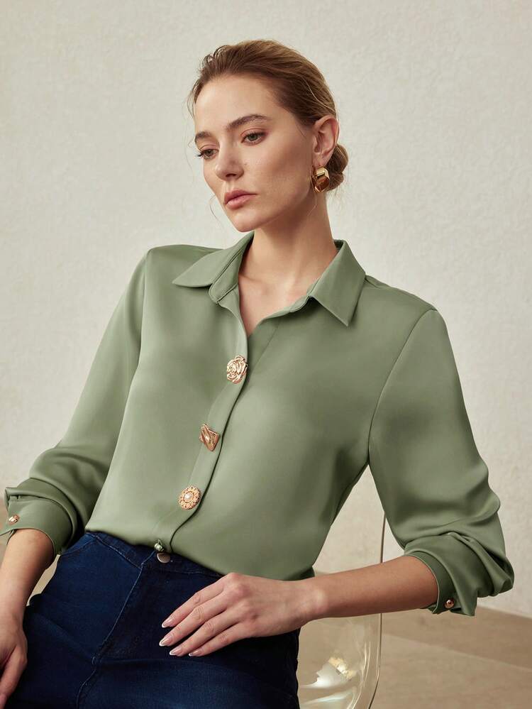 ELEGANT SATIN DECORATIVE BUTTONS SHIRT, SPRING/SUMMER