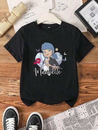 Miraculous Ladybug X SHEIN 少女休闲圆领卡通字母印花短袖T恤，日常百搭