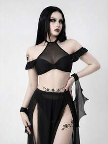 Glisette 女士夏季沙滩纯色吊带性感比基尼套装，带罩裙 - 黑色 - 查看 1