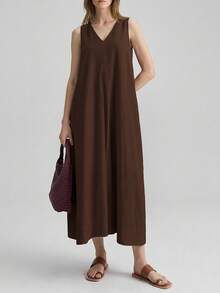 Ontre 女教师套装，独立日，机场时尚，舒适休闲风，V领，无袖，女士长裙，浅粉色，前后不对称设计，喇叭裙，春夏服装，日常穿着，2026新款，舒适休闲连衣裙，休闲装，宽松版型 - 棕色 - 查看 4