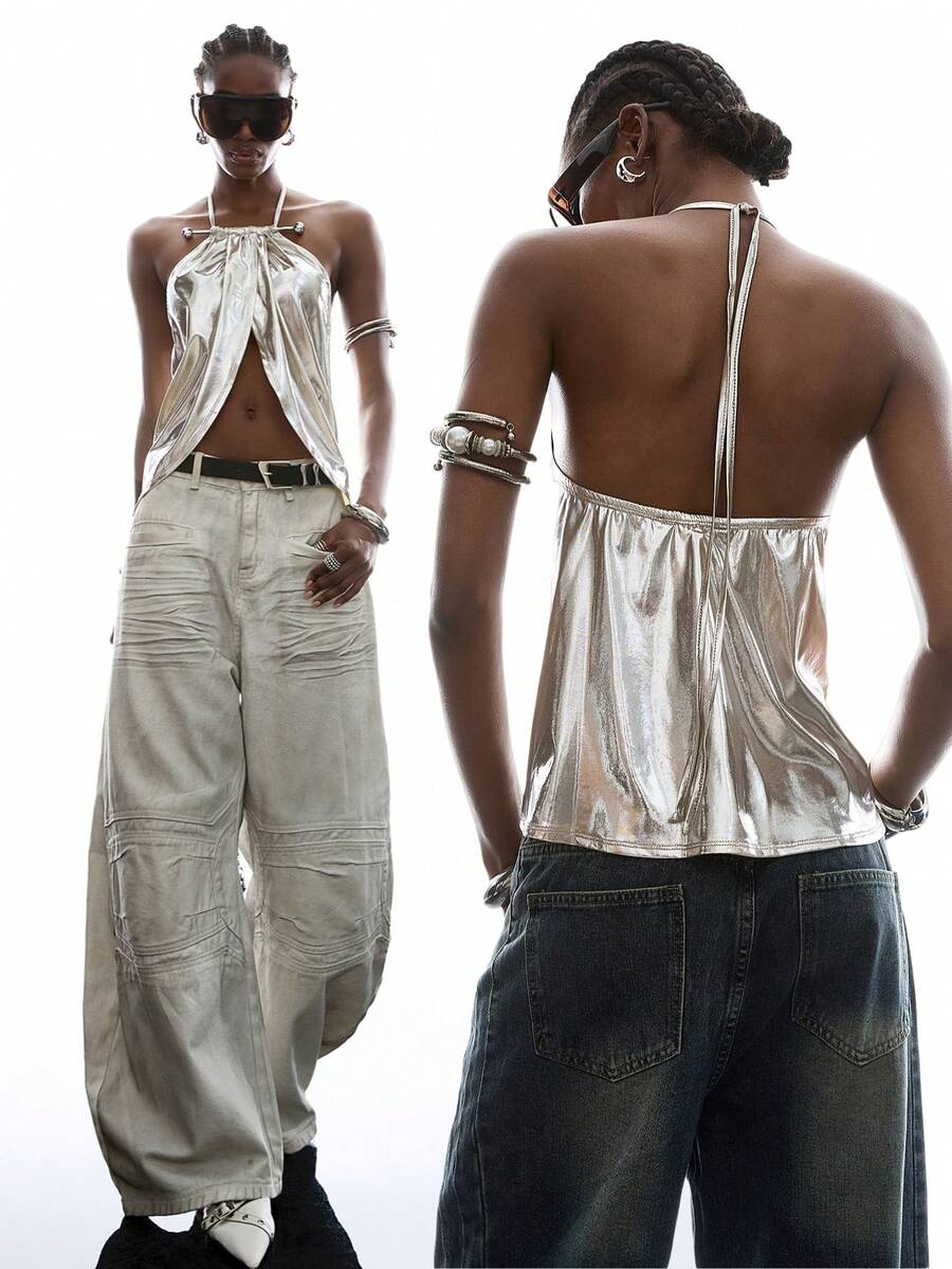 LYSMO 女士时尚性感金属色露背吊带背心，夏季 - 銀色 - 查看 1