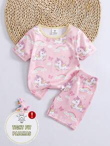 SHEIN Bộ đồ mặc nhà thoải mái cho bé gái, gồm áo thun cổ tròn ôm sát in hình khủng long hoạt hình dễ thương và quần short. - Hồng - Xem 5