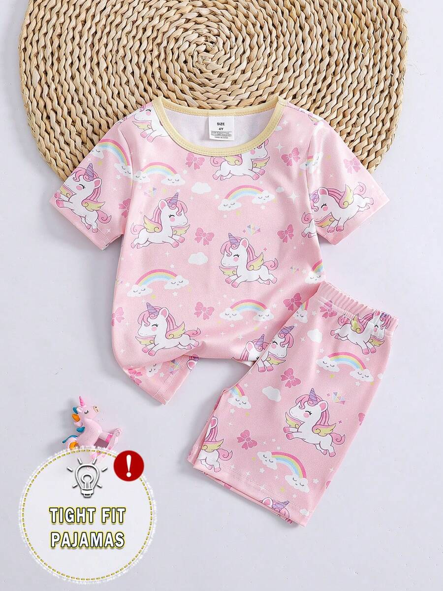 SHEIN Bộ đồ mặc nhà thoải mái cho bé gái, gồm áo thun cổ tròn ôm sát in hình khủng long hoạt hình dễ thương và quần short. - Hồng - Xem 1