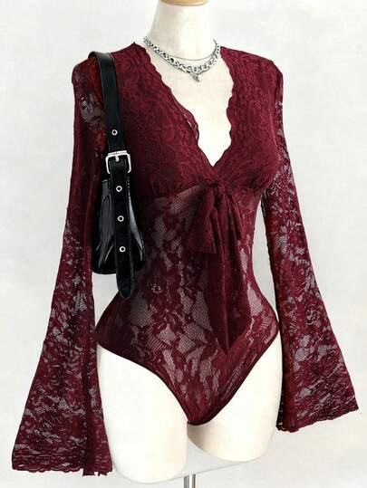Franclia Sexy And Stylish Tight-Fitting Deep V-Neck Long-Sleeved Flared Sleeves Trimmed Collar And Sleeves Decorative Lace-Up Front Gary Lace Fabric Maroon Women's Bodysuit Valentine's Day Outfit Elegant Women's Bodysuit Women's Red Bodysuit Women's Party Bodysuit Women's Beach Bodysuit Women's Outing Outfit Millennial Style Bodysuit Women's Birthday Outfit Burgundy Bodysuit Sexy Bodysuit For Women Dark Red Bodysuit