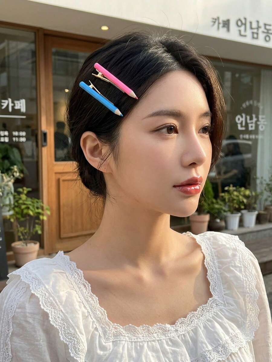 Joivida 1个彩虹铅笔发夹，少女风，鸭嘴夹，学生刘海夹，带书写功能的个性化发夹，发饰 - 多色 - 查看 1