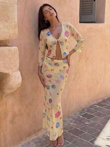 Swim Vcay 2pcs Beach Vacation Outfit, Shell & Starfish Digital Print Cover Up And Skirt Set, Spring/Summer - Multicolor - View 2