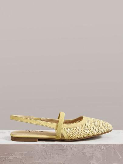 Styleloop Women's Flat Slip-On Shoes, Open Heel Mules, Woven Breathable Strap Decor Low-Top Square Toe Comfortable Elegant Mary Jane Shoes, Vacation Style Travel Essential, Bohemian