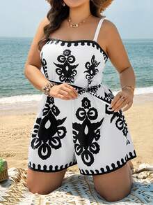 Swim Lushoire New Summer Beach Vacation Swimsuit, Totem Print Plus Size Women One-Piece Swimsuit With Shorts - Black and White - View 1