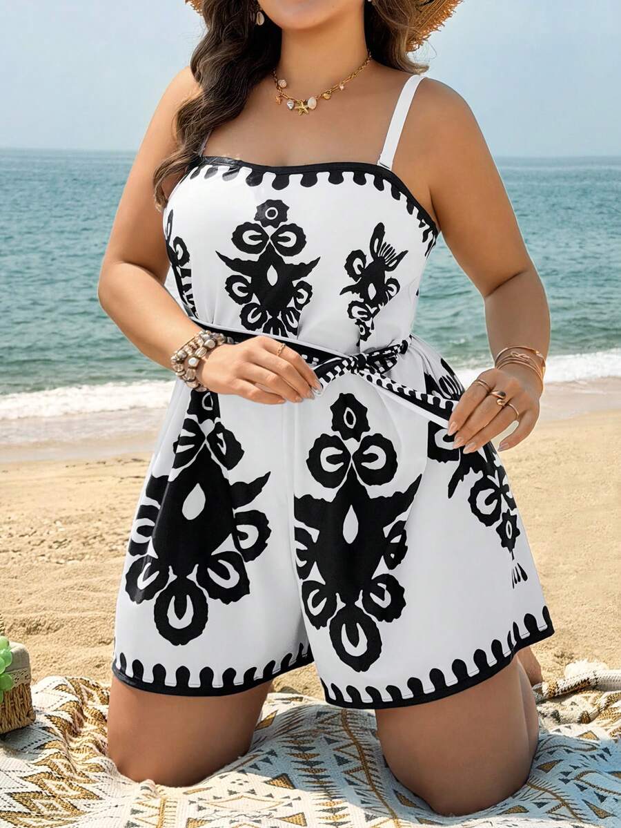 Swim Lushoire New Summer Beach Vacation Swimsuit, Totem Print Plus Size Women One-Piece Swimsuit With Shorts - Black and White - View 1