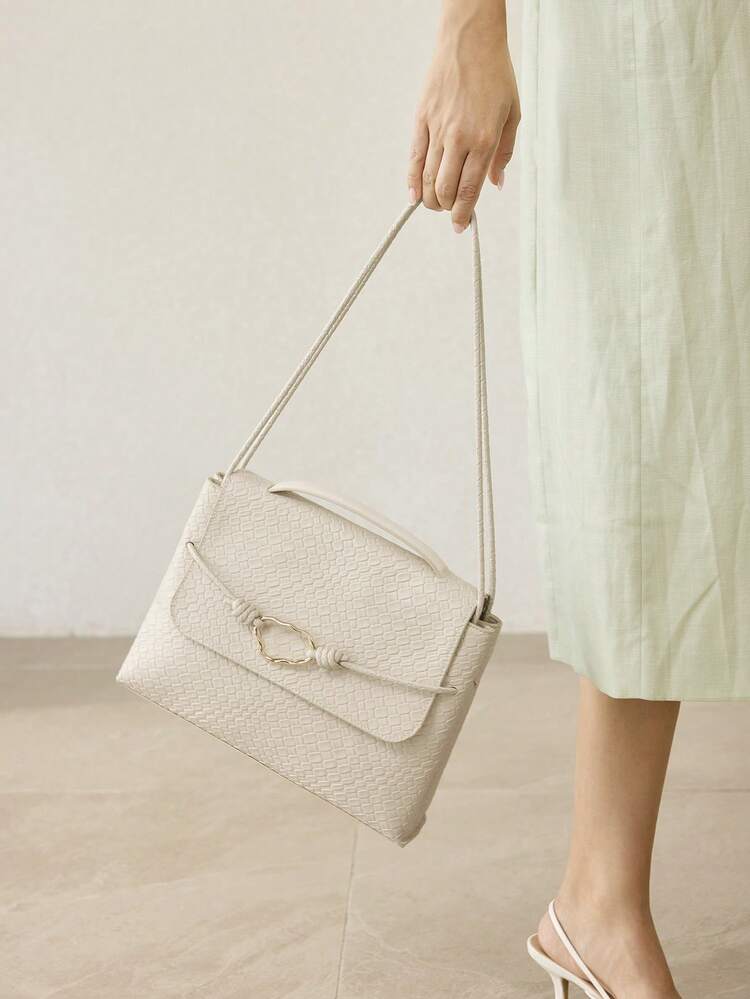 WOMEN'S WHITE FASHIONABLE CASUAL ELEGANT SHOULDER BAG WITH WOVEN EMBOSSED TEXTURE,LARGE CAPACITY,FOR COMMUTE, FOR SHOPPING,FOR DAILY