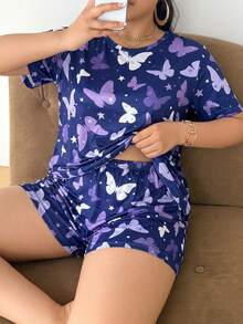 SHEIN Butterfly Print Round Neck Short Sleeve Shorts Pajama Set, Plus Size - Blue - View 3