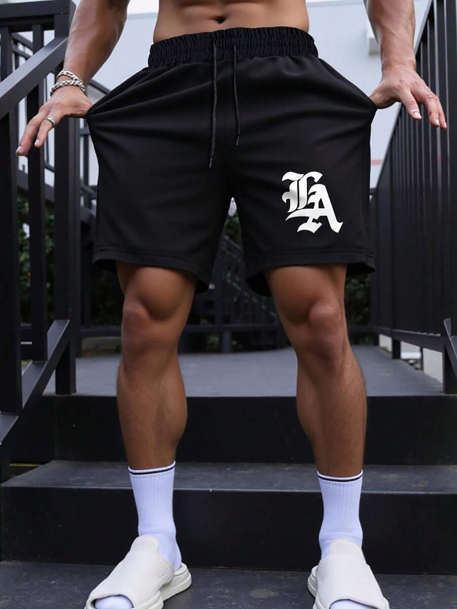 Manfinity LEGND 男士休闲宽松抽绳短裤户外日常穿着男士街头潮流短裤黑色短裤男士街头潮流短裤男士黑色拉丁短裤 - 黑色 - 查看 1
