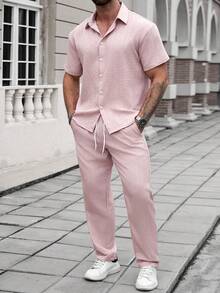 Manfinity CasualCool Men's Mature Casual Embossed Fabric Short Sleeve Shirt And Pants Set Men Outfits 2 Piece Pink Men Outfit Man Clothes Outfit Set Men Coords Outfit Linen Two Piece Set For Men Old Money,Daily Leisure, Weekend Trips, Outdoor Activities, Travel Expeditions, Relaxed Work Environments Or Semi-Formal Occasions, Boyfriend/Husband Gift, Anniversary /Birthday Gift Party Summer Vacation Holiday,Wedding,Spring To Summer,Easter,Y2k,Vintage,Hawaii - Dusty Pink - View 1