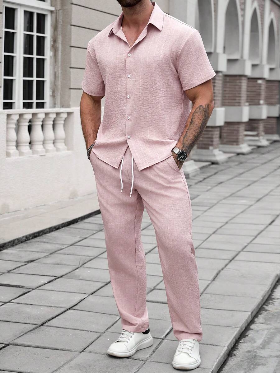 Manfinity CasualCool Men's Mature Casual Embossed Fabric Short Sleeve Shirt And Pants Set Men Outfits 2 Piece Pink Men Outfit Man Clothes Outfit Set Men Coords Outfit Linen Two Piece Set For Men Old Money,Daily Leisure, Weekend Trips, Outdoor Activities, Travel Expeditions, Relaxed Work Environments Or Semi-Formal Occasions, Boyfriend/Husband Gift, Anniversary /Birthday Gift Party Summer Vacation Holiday,Wedding,Spring To Summer,Easter,Y2k,Vintage,Hawaii - Dusty Pink - View 1
