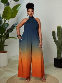 Maweii Plus Size Gradient Print Halter Jumpsuit, Casual Summer - Multicolor - View 4