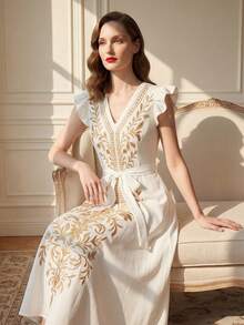 Suri Mira 女士印花V领短袖系腰休闲连衣裙 - 白色 - 查看 1