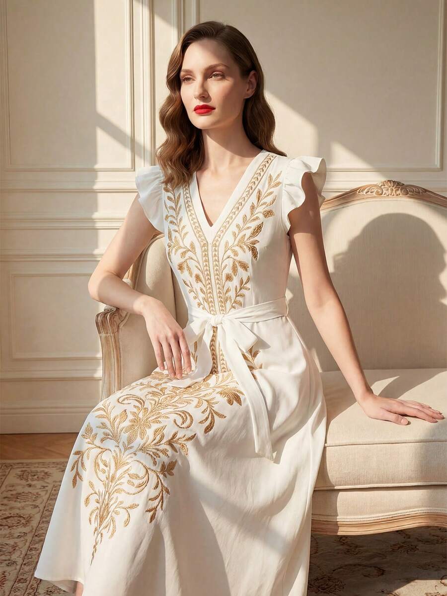 Suri Mira 女士印花V领短袖系腰休闲连衣裙 - 白色 - 查看 1