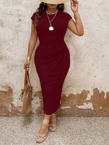 EMERY ROSE Plus Size Women's Summer Solid Color Round Neck Cap Sleeve Side Knot Ruched Fitted Elegant Dress Maxi Women Outfit - Red Violet - View 1
