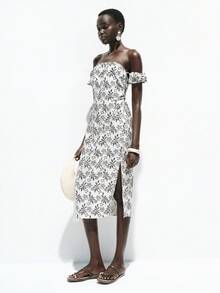 Lumivelle Đầm thời trang nữ trễ vai thêu hoa, thiết kế thắt eo, thích hợp cho kỳ nghỉ. - Màu be - Xem 5