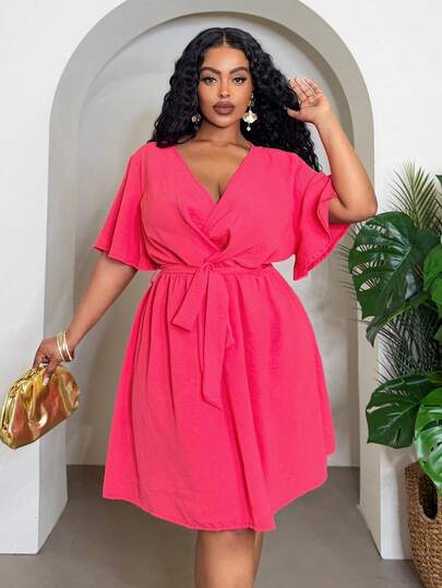 Slaydiva 2026 Spring/Summer Elegant Commute & Casual, Birthday Party, Graduation Season, Student Wear, Daily Outing, Basic Versatile, Leisure, Vacation, Early Spring New Arrival, Spring/Summer Music Festival, Valentine's Day, Easter, Wedding Season, Holiday Season, Beach Vacation, Casual, Elegant, Commute, Daily Wear, Work Attire, Vacation, Party, Cruise, Gathering, Basic, Daily Date, Viral Hit, Business Casual Pink V-Neck Mini Dress For Women With Self-Tie Elasticated Waist And Short Flutter Sleeves