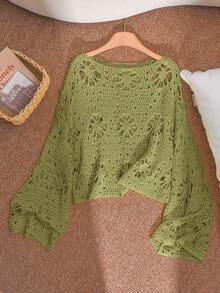 CosyJoli Suéter holgado con mangas de murciélago y diseño floral calado para mujer de talla grande - Verde - Ver 3