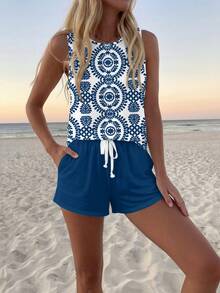 SHEIN LUNE 休闲度假风蓝色几何复古印花圆领背心搭配同色系蓝色短裤两件套，适合夏季穿着 - 彩色 - 查看 6