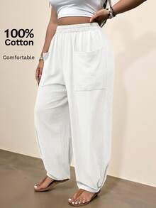 Freevana Plus Size Women Elastic Waist Pocket Casual Everyday Wear Pants - White - View 6