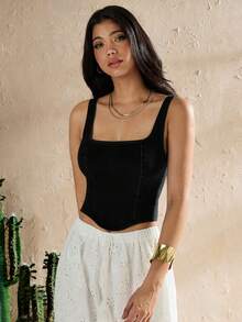 SHEIN Forever 21 Áo camisole denim wash vintage gợi cảm phong cách Y2K đa năng - màu đen - Xem 6