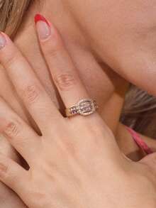 Glisma 18k Gold-Plated Pink Gemstone Full Diamond Delicate Open Ring - Yellow Gold - View 1