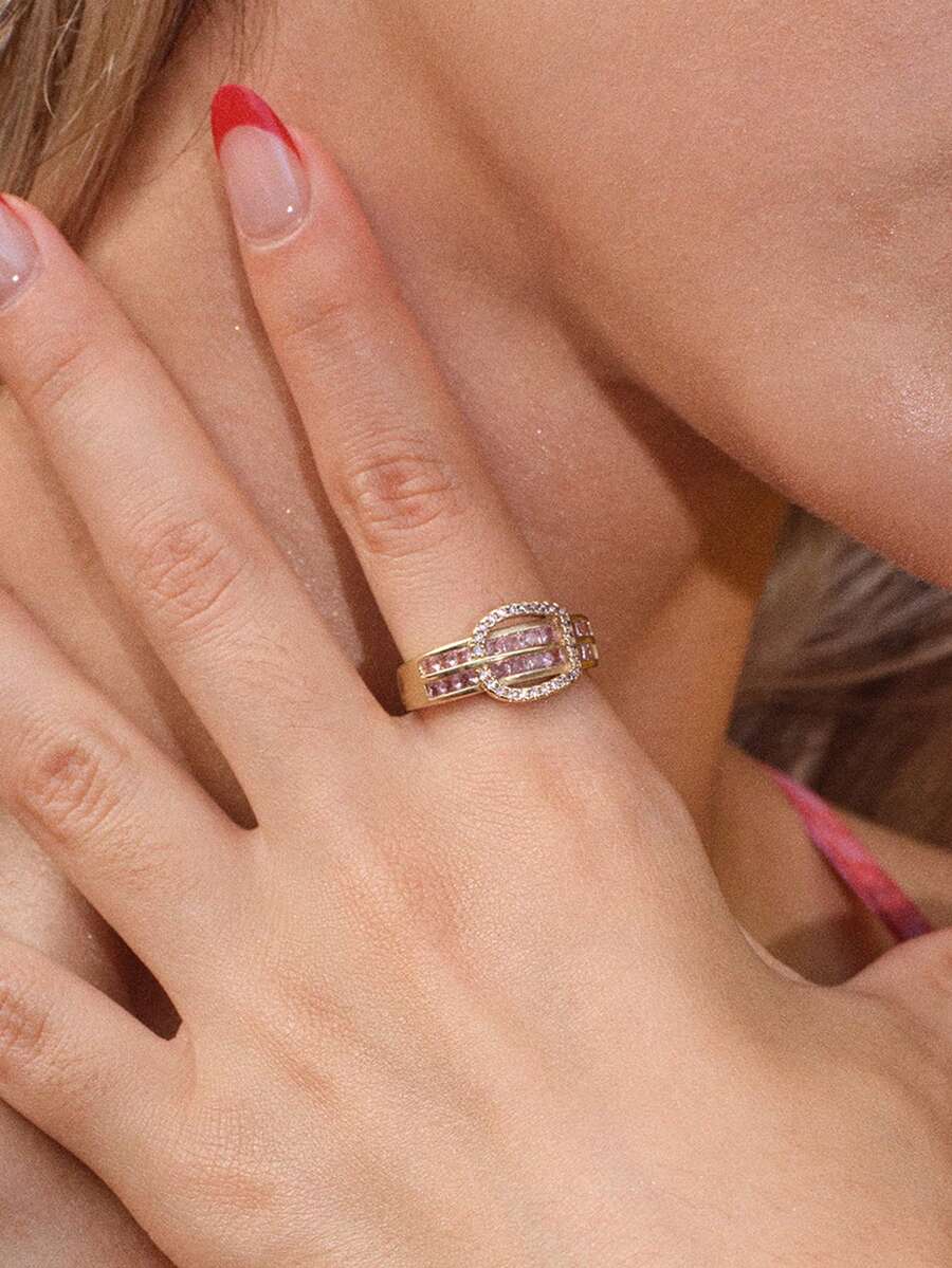 Glisma 18k Gold-Plated Pink Gemstone Full Diamond Delicate Open Ring - Yellow Gold - View 1