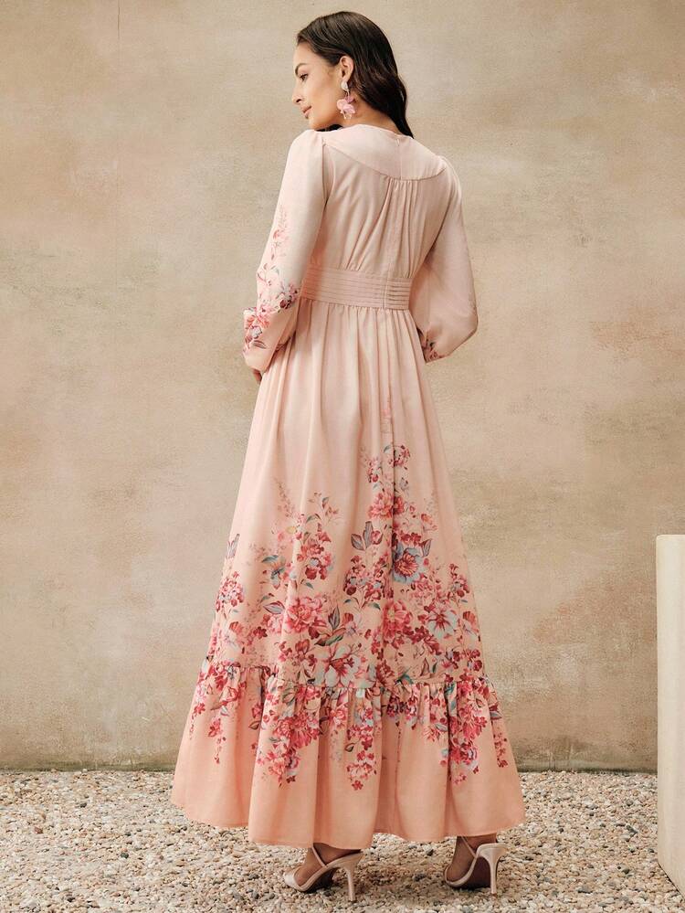 New Elegant Positioning Print Long Sleeve Ruched Hem Design Dress, Suitable For Party