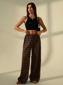 SHEIN Tall Quần nữ màu nâu kẻ caro dáng rộng, tối giản, phong cách thường ngày. - Nhiều màu - Xem 5