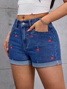 SHEIN ICON 女士水果刺绣可折叠下摆宽松牛仔短裤 - 中等水洗藍 - 查看 13