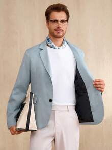 Manfinity Mode Men's Casual Versatile Solid Color Suit Blazer Men Brunch Linen Blazer Men Light Blue Blazer Men Blazer Casual Men Summer Blazer Men Formal Classic For Men Blazer For Men Casual Wonder Smart Casual For Men Men Suits For Men For Ceremony - Dusty Blue - View 3