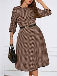Miaspire Plus Size Women's Summer Casual Vacation Elegant Plaid Vintage Round Neck 3/4 Sleeve Dress,Spring Break Outfits ,Vacation Outfits Women ,Holiday Outfits For Women,Going Out Outfits,2026 New Clothes,Simple And Fashionable For Everyday Wear, Elegant Midi Dress Midi Check Dress Elegant Dress Checkered Dress - Coffee Brown - View 3
