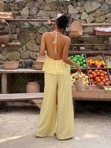 Aloruh Bộ đồ đi nghỉ mát dành cho nữ: Áo hai dây cổ chữ V sâu kẻ caro và quần ống rộng, kiểu dáng thường ngày. - Màu vàng - Xem 2