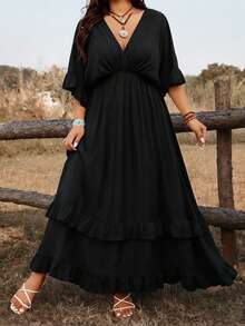 Ceyna Plus Size Casual Vacation Tie Front Dress, Versatile For Spring & Summer Boho Plus Size Women's Clothing Bohemian Dresses For Women - Black - View 3