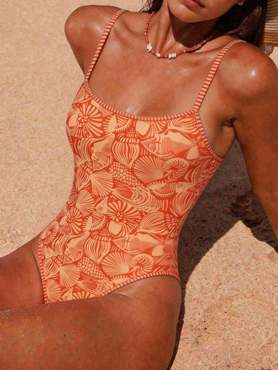 Swim Mod Nuevo llegado de primavera/verano Traje de baño de una pieza sexy estilo europeo y americano, con estampado de vida marina y bloques de color, tirantes finos, con aros, push-up, escote halter y espalda descubierta, para mujeres, adolescentes y primavera térmica en la playa y resort - Naranja Quemada - Ver 1