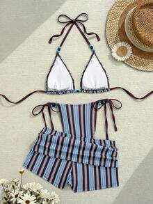 Swim Vcay Bộ bikini 3 mảnh dành cho nữ, kiểu dáng thon gọn, cạp cao, buộc dây bên hông, họa tiết sọc nhiều màu xanh navy và nâu, màu xanh dương retro, đính hạt, thích hợp cho kỳ nghỉ biển. - Nhiều màu - Xem 5