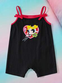 THE POWERPUFF GIRLS X SHEIN 1件女婴可爱卡通图案休闲连体衣 - 黑色 - 查看 1