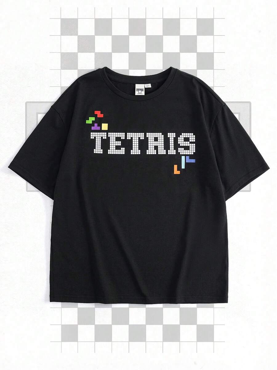 Tetris™ X SHEIN 男童休闲字母图案圆领短袖T恤，夏季 - 黑色 - 查看 1