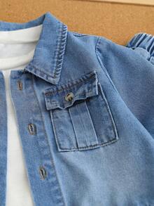 男童休闲通勤牛仔衬衫套装，带翻盖口袋，搭配锥形牛仔裤，春夏秋季款 - 淺色水洗藍 - 查看 8