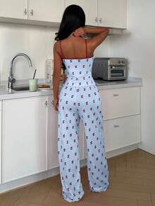 ZzzCrew 2pcs Contrast Trim Camisole & Shorts Pajama Set, Cherry Print Knit Sleepwear For Women - Multicolor - View 2