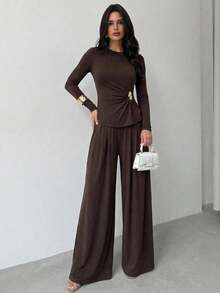 Firerie Bộ đồ nữ thường ngày thanh lịch gồm áo dài tay và quần ống rộng, chất liệu dệt kim, thân thiện với da, thích hợp mặc hàng ngày. - màu nâu - Xem 6