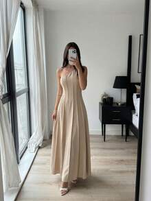 Firerie Đầm nữ trơn màu, không tay, kiểu dáng thường ngày, thích hợp cho kỳ nghỉ. - Màu be - Xem 4