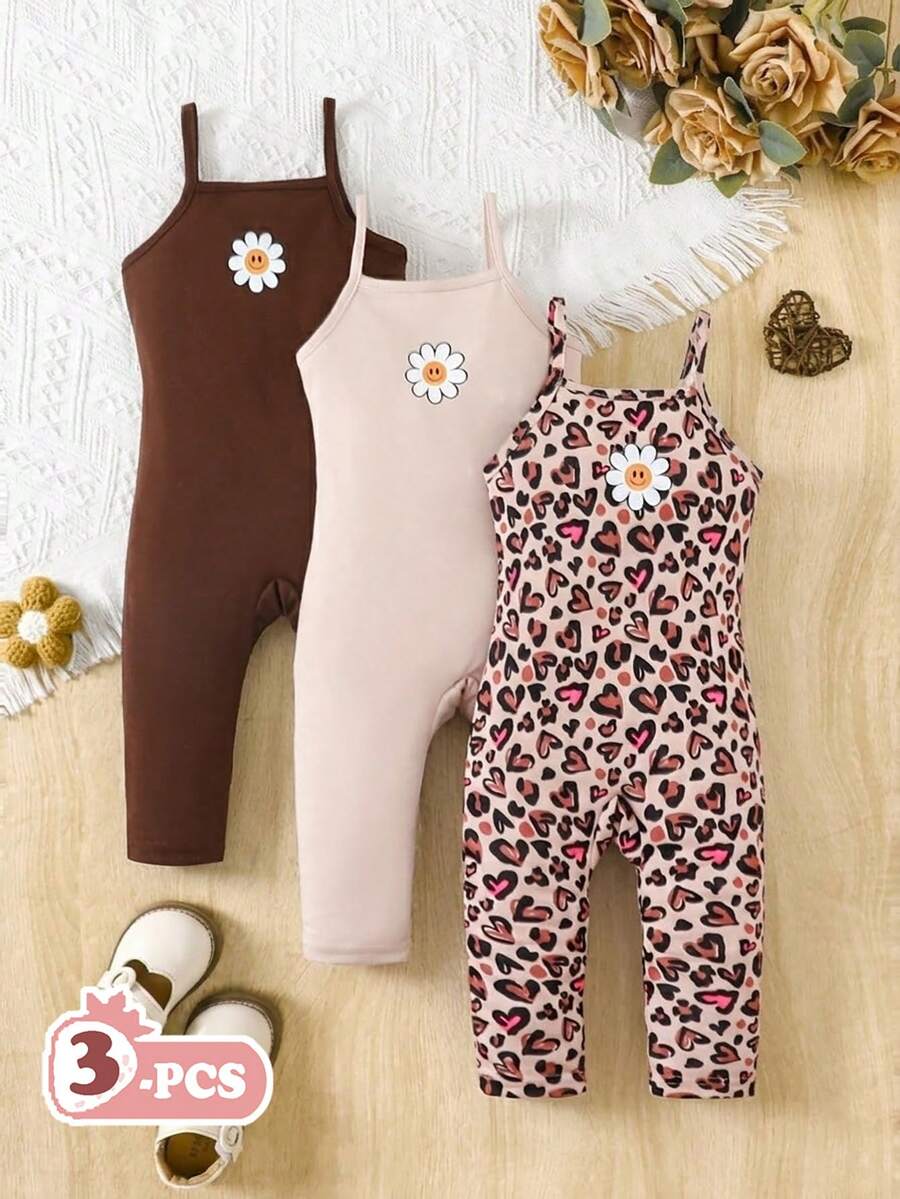 姐妹装和妈妈装女婴休闲百搭日常穿搭套装,修身罗纹吊带背心和打底裤,黑色+浅灰色+豹纹印花 - 彩色 - 查看 1