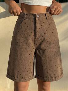 DAZY Quần short denim chấm bi dáng rộng thoải mái, thích hợp mặc đi biển mùa hè cho nữ. - màu nâu - Xem 5