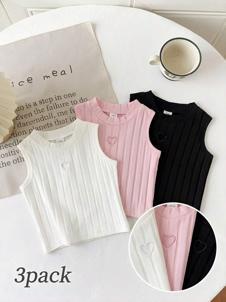 Playful Pals 3 gói áo tank top cami không tay dệt gân thêu hình trái tim phong cách dễ thương ngọt ngào cho bé gái, trẻ chập chững, trẻ em tiền thiếu niên, màu trắng và hồng, mặc mùa hè đi học - Nhiều màu - Xem 1